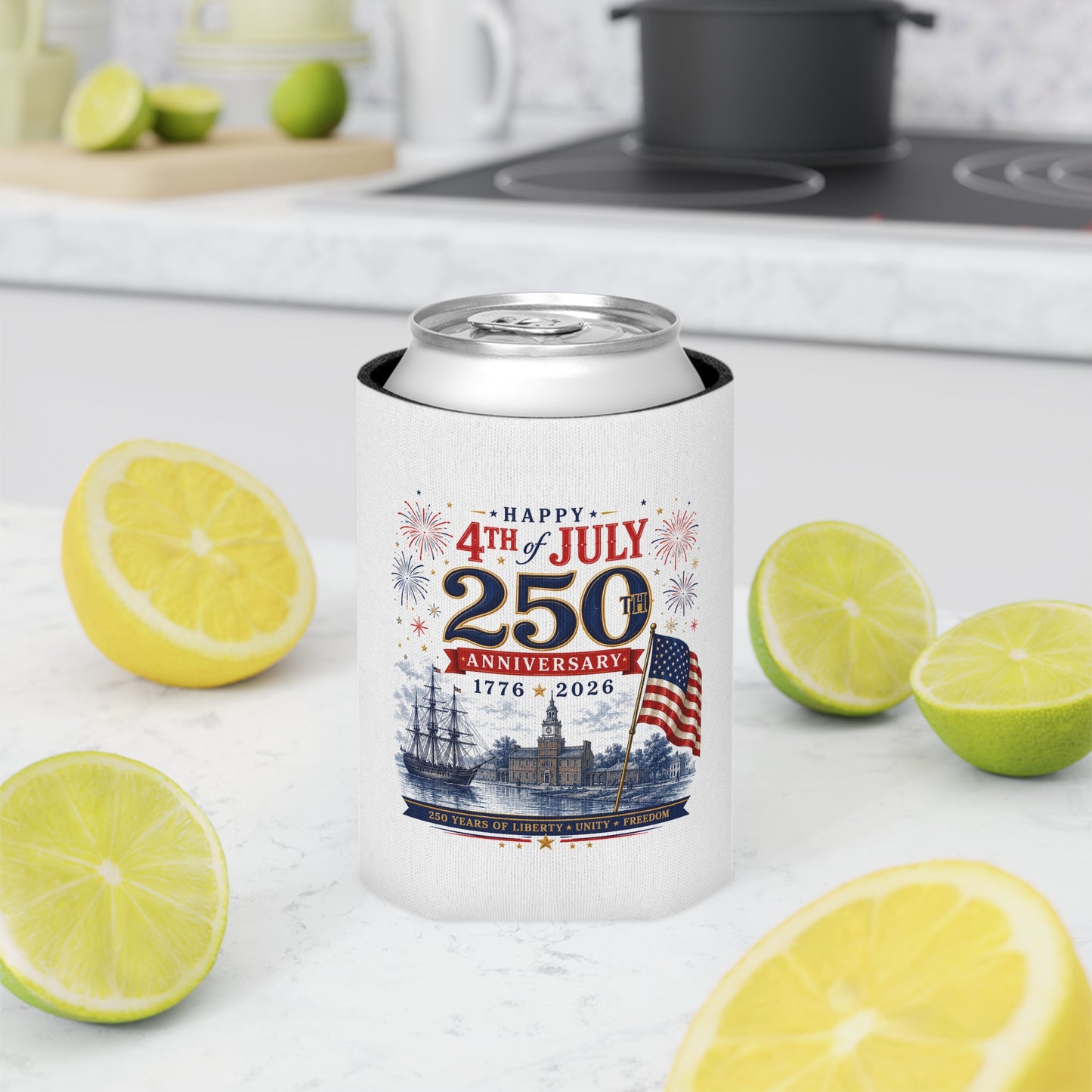 4th of July 250th Anniversary Can Cooler — 1776–2026 Patriotic Koozie