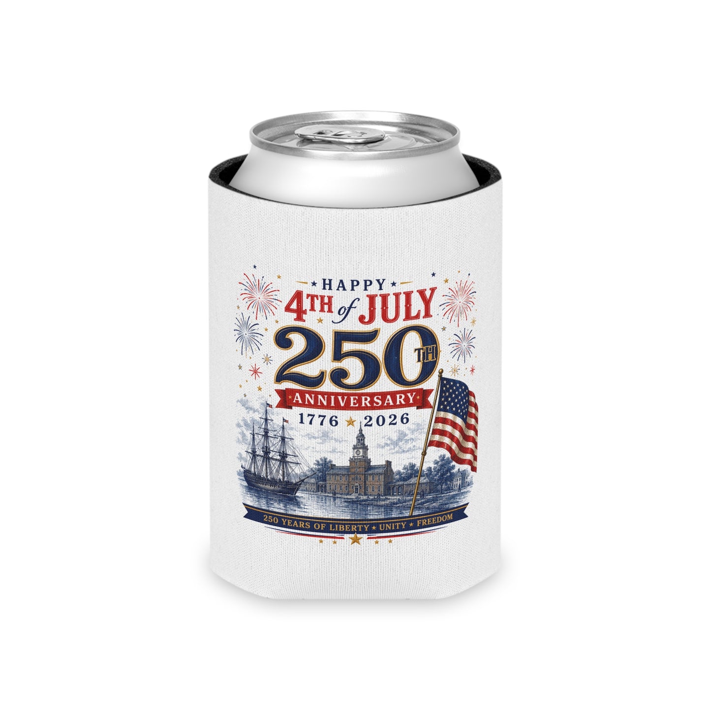 4th of July 250th Anniversary Can Cooler — 1776–2026 Patriotic Koozie