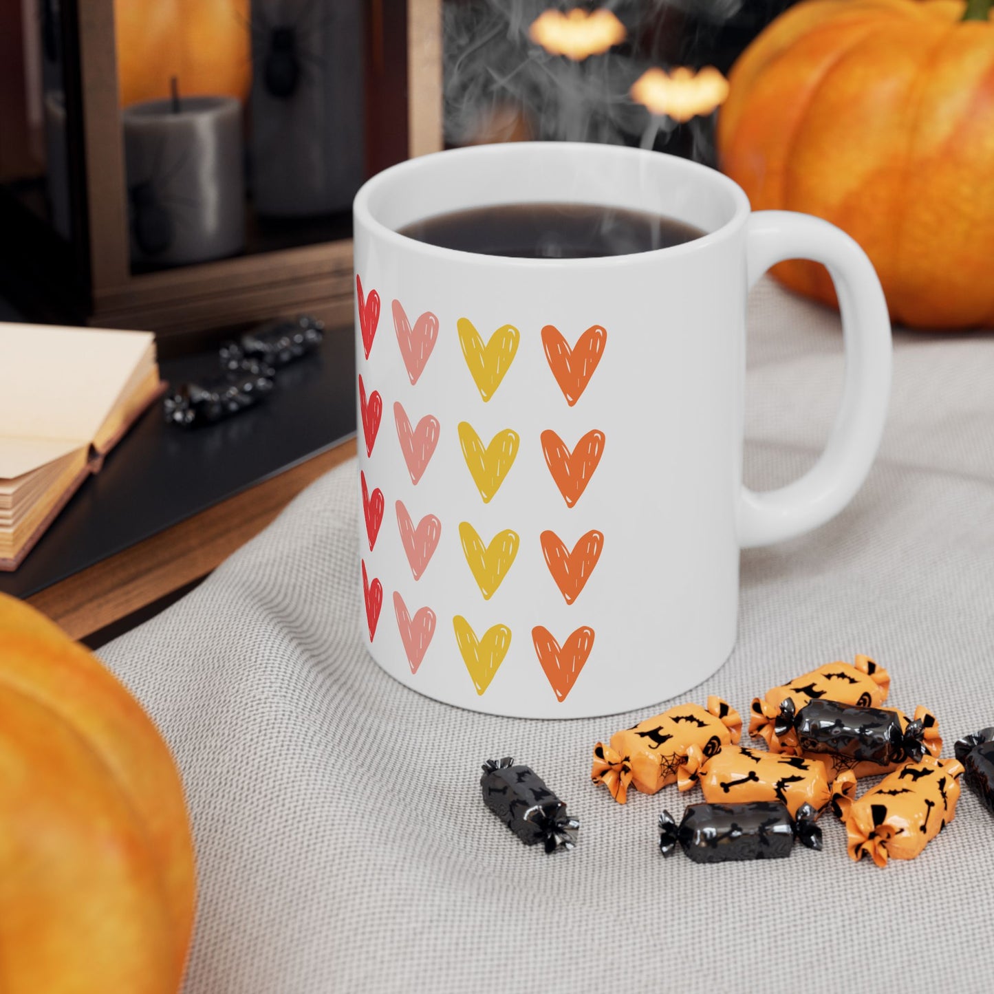 Hearts Ceramic Mug — Heart Pattern Coffee Cup (11oz & 15oz)