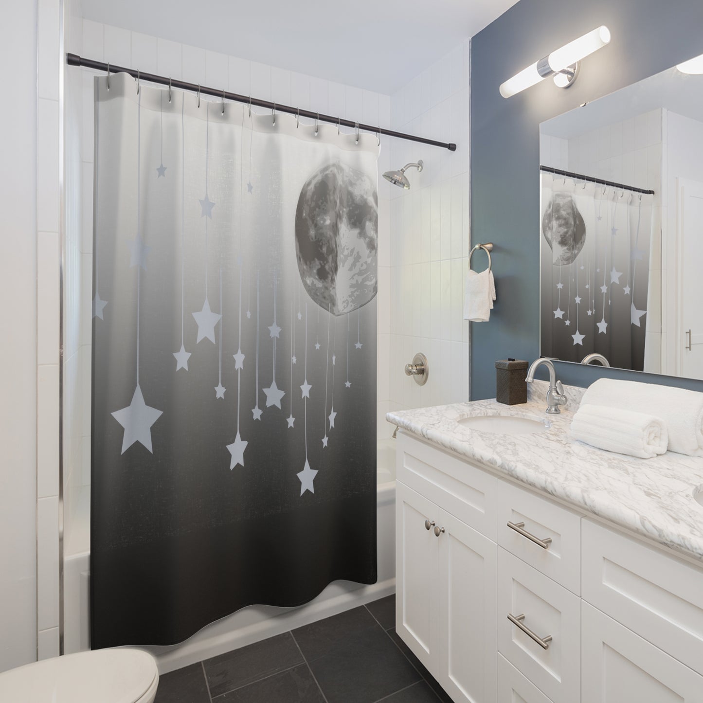 Moon & Stars Shower Curtain — Night Sky Bathroom Decor
