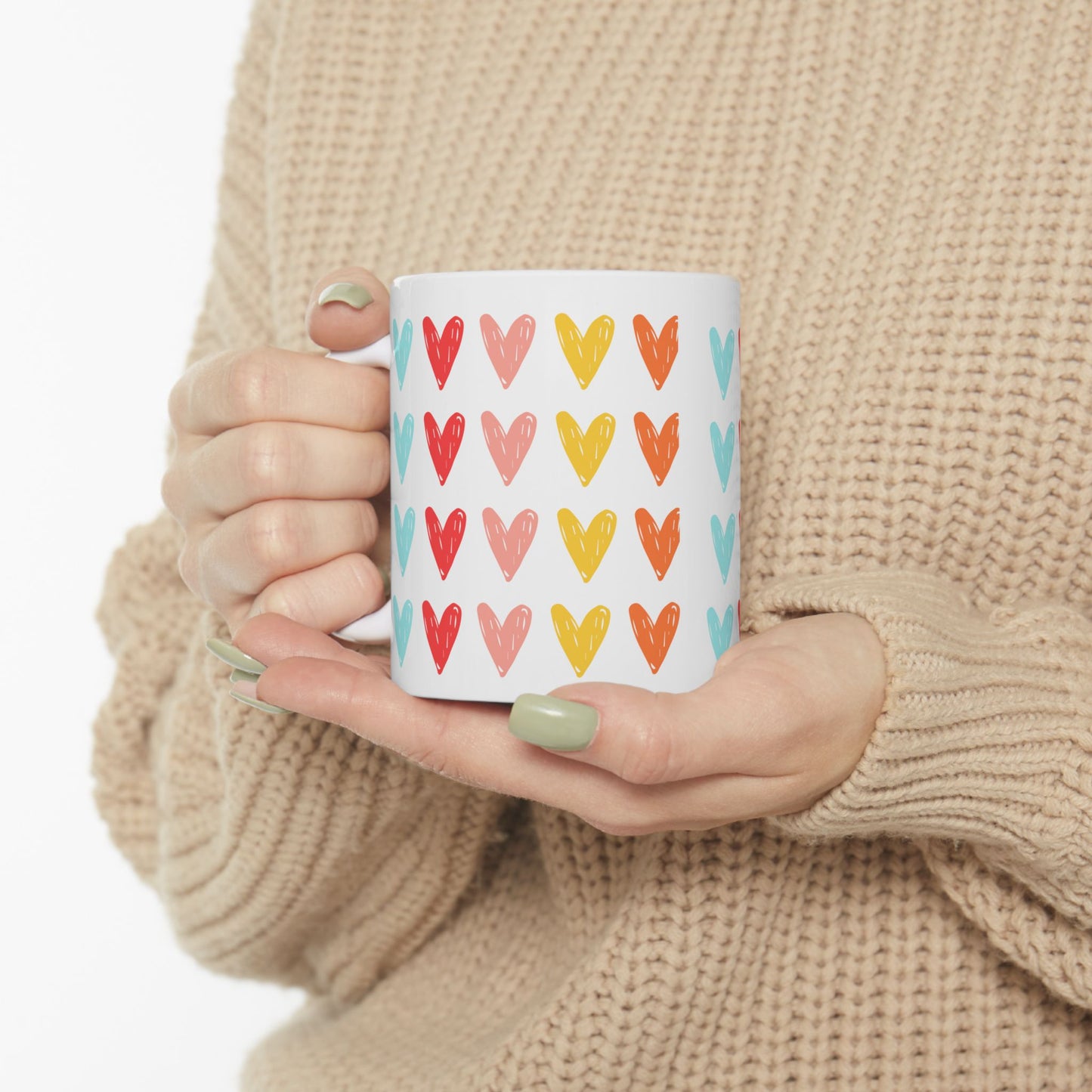 Hearts Ceramic Mug — Heart Pattern Coffee Cup (11oz & 15oz)